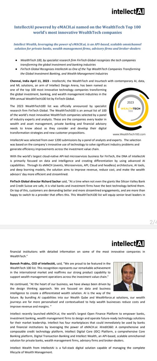 MarketVedantA's tweet image. IntellectAI powered by eMACH.ai named on the WealthTech Top 100 world&apos;s most innovative WealthTech companies

#IntellectDesignArena #Top100 #WealthTech100 #FinTechGlobal