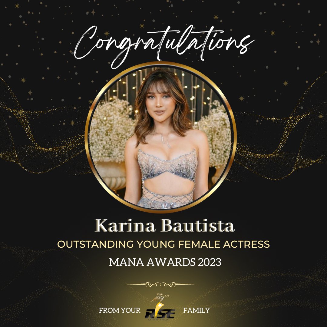 riseartistsph's tweet photo. Congratulations, @MissKareee on receiving the “Outstanding Young Female Actress” award in the Mana Awards 2023 👏🏼🥳

You deserve it, Karina! 🤗 Your Rise Artists family is proud of you! 💛🖤

#KarinaBautista https://t.co/ZHfxfHGbdt