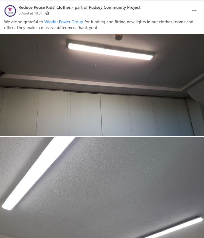 WinderPower's tweet photo. A big thank you to Steve Hookham for installing the new lights for Pudsey Community Pantry👍 https://t.co/eGfQ011IQ0