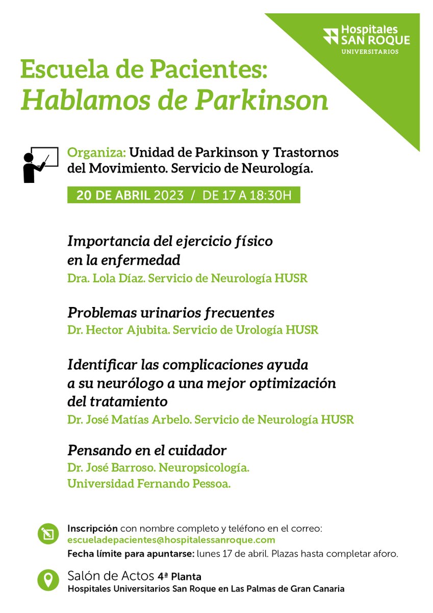 HHSanRoque's tweet photo. Si eres paciente o familiar de un enfermo de #Parkinson, te invitamos a la Escuela de Pacientes que se celebrará el próximo día 20, en la que se hablará de diferentes aspectos de la enfermedad. Inscríbete enviando un mail a escueladepacientes@hospitalessanroque.com https://t.co/wTzWtbafGI