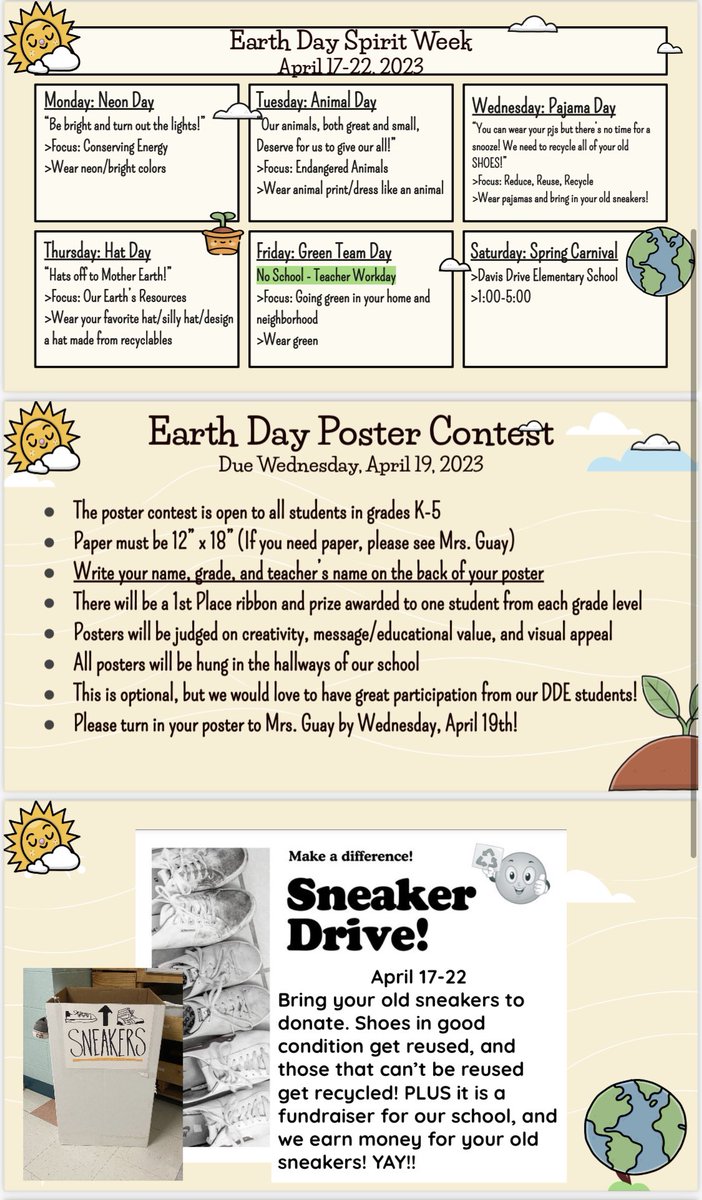 Save the Date! Screen shot this post! Earth Day Spirit Week, Poster Contest and Sneaker Drive! 👟 🌎 👟 

dde.memberhub.com

<a href="/DDEDolphins/">Davis Drive ES</a>