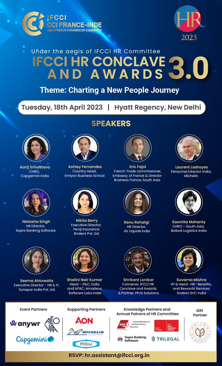 Join <a href="/IFCCI1/">Indo-French Chamber</a> at the 3rd edition of HR Conclave and Awards 2023 and witness insightful panel discussions with CHROs, HR heads, and business leaders of French and Indian companies who will discuss &amp; deliberate on the theme: Human Resources: Charting a New People Journey.
#ifcci