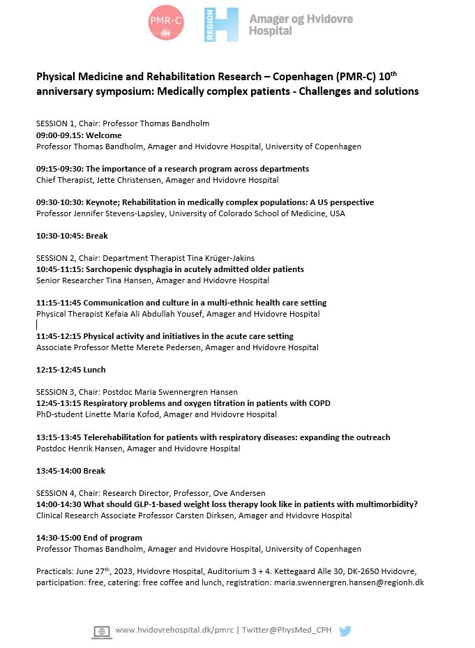 PMR-C (@physmed_cph) on Twitter photo Come join our 10-year celebratory symposium: “Medically complex patients: Challenges and solutions” @AmagerHvidovre June 27th, 2023. Symposium keynote by <a href="/JSLapsley/">Jennifer Stevens-Lapsley</a> from <a href="/Restore_Team/">RESTORE Team</a> and many more. We look forward to welcoming you. Program & registration: bit.ly/3o4HhIx Come join our 10-year celebratory symposium: “Medically complex patients: Challenges and solutions” @AmagerHvidovre June 27th, 2023. Symposium keynote by <a href="/JSLapsley/">Jennifer Stevens-Lapsley</a> from <a href="/Restore_Team/">RESTORE Team</a> and many more. We look forward to welcoming you. Program & registration: bit.ly/3o4HhIx