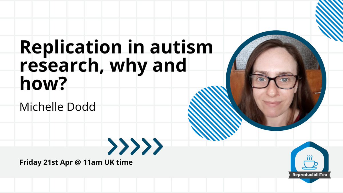 Join our next #ReproducibiliTea session on Friday 21st April to hear Michelle Dodd (<a href="/Autisticcat2/">Michelle Dodd</a>) talk about replication in autism research.

Sign up:
- Mailing list: forms.gle/sgTjWq57F5Aeu4…
- One off: eventbrite.co.uk/e/edinburgh-re…