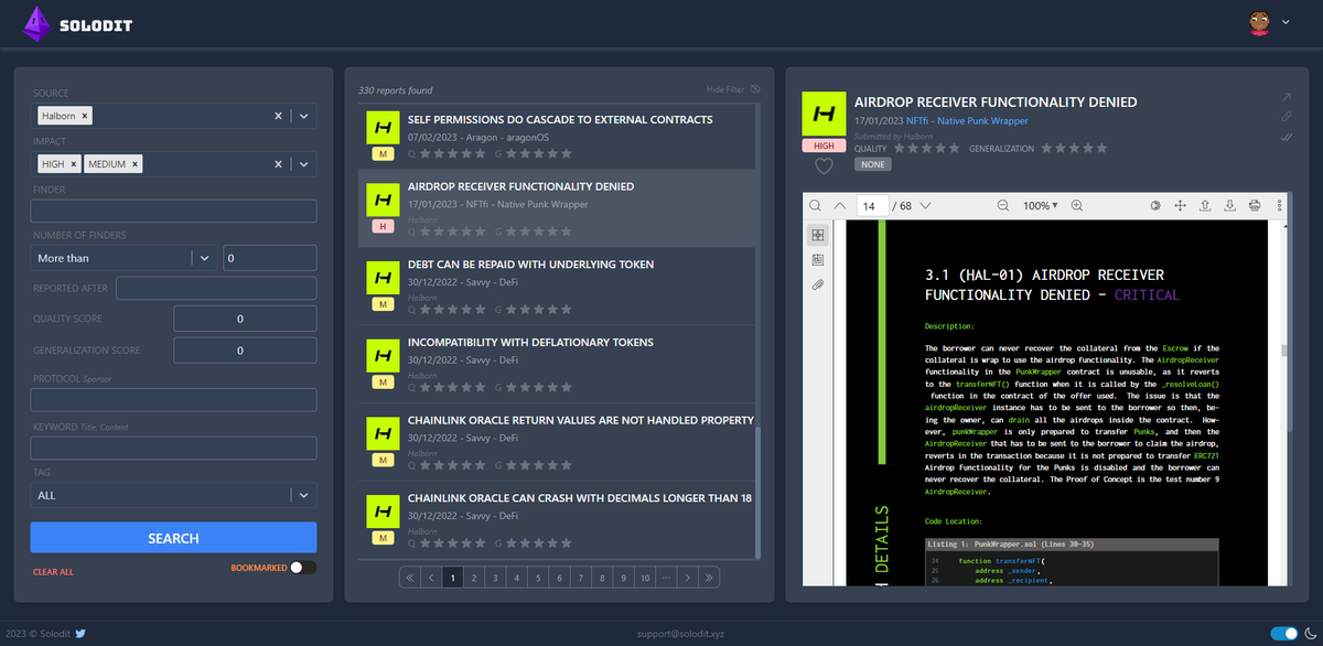 🥳Solodit just got better! We are excited to announce the integration of @HalbornSecurity  audit reports on our platform. 

Which audit firm reports do you want to see integrated next? Let us know in the comments below!👇
#SmartContractSecurity #BlockchainAudits #Halborn #Solodit