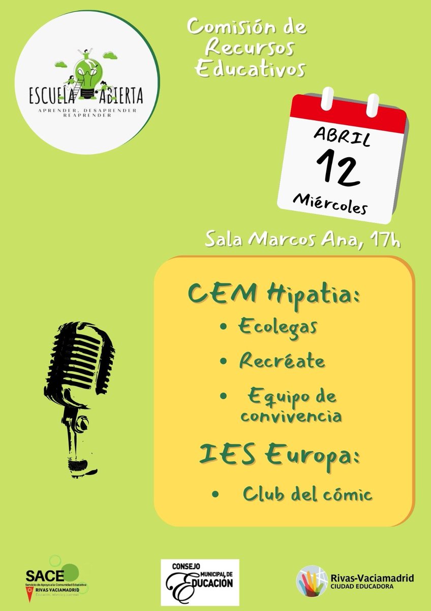 #CME #Rivas Seguimos con la #EscuelaAbierta Miércoles 12 de abril #ComisiónRecursosEducativos #ConcejalíaEducación #Hipatia #IESEuropa #MarcosAna