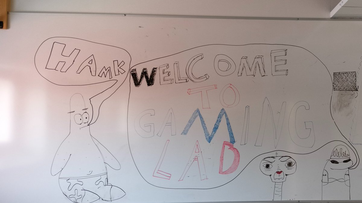 There is a small welcoming text with a drawing in the Hamk's Gaming Lab in korkeakoulukeskus. The Lab is currently in development. #HamkGaming