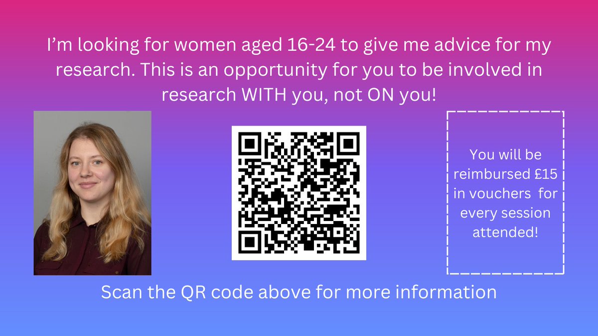 Abbie Wright (@abigail_wright8) on Twitter photo I'm looking for UK residents aged 16-24 years old who identify as women to give me advice for my research! For more information, see my advert here (rb.gy/2akko) or scan the QR code below. Please share and RT!
#TheWomenStudy #WomenMentalHealth #MentalHealthResearch I'm looking for UK residents aged 16-24 years old who identify as women to give me advice for my research! For more information, see my advert here (rb.gy/2akko) or scan the QR code below. Please share and RT!
#TheWomenStudy #WomenMentalHealth #MentalHealthResearch