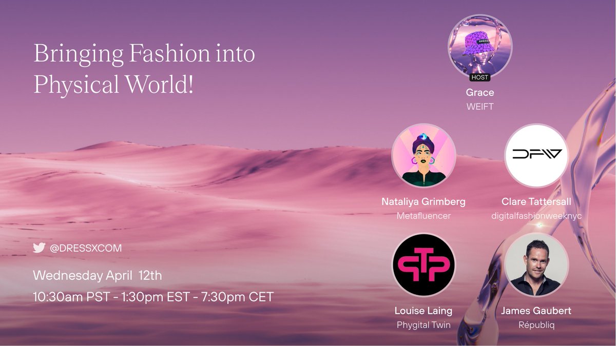 Super excited to be discussing all things phygital with <a href="/dressxcom/">DRESSX</a> @whatsfashiontechnology @nataliyagrimberg @digitalfashionweeknyc
and @phygitaltwin tune in today at 1.30pm EST at <a href="/dressxcom/">DRESSX</a> 

#nft #nfts #metaverse #virtualclothing #virtualfashion #fashion