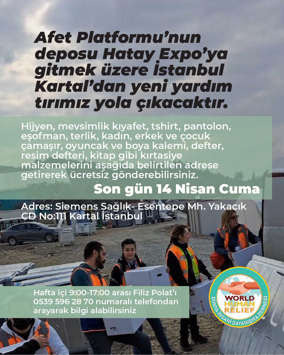 Afet Platformu’nun deposu Hatay Expo’ya gitmek üzere İstanbul Kartal’dan yeni yardım tırımız yola çıkacaktır. #dünyainsanidayanışmaderneği #deprem