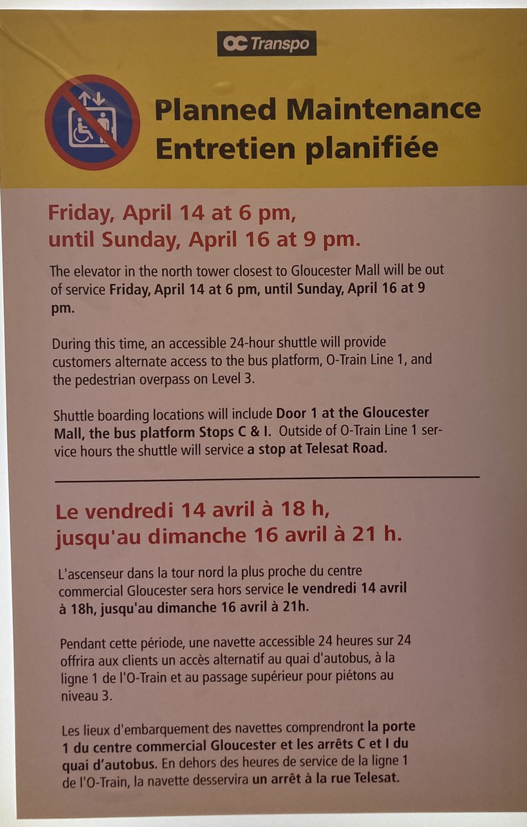 OCT_Fan's tweet photo. Heads up #ottroll #ottped  there’s some planned maintenance on the @OC_Transpo elevator (mall side). At Blair Station next weekend.  A shuttle service will be available.  Cc @cbcotttraffic @MichaelSuddard @OccTranspo @OttTransitRider https://t.co/dkfh6Pvaaw