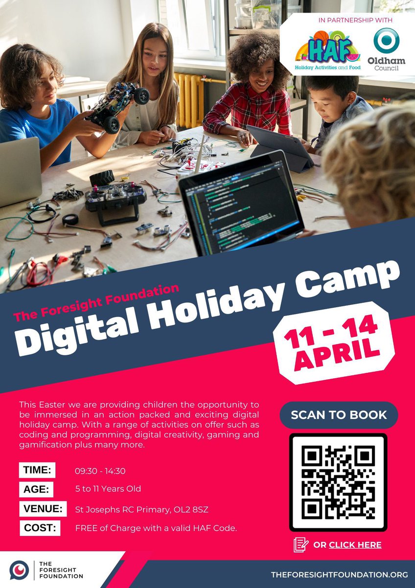 💻 DIGITAL HOLIDAY CAMP 💻 

We have a fantastic array of workshops planned from coding through to robotics! 🤖 

You can still book on our sessions. Fully funded for children in on free school meals! 

Book: docs.google.com/forms/d/e/1FAI…

#LoveOldham #HAFOLDHAM #OldhamHour