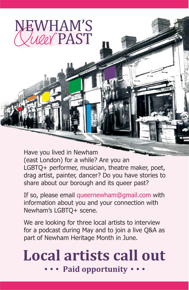 T1.  Local artists call out - paid opportunity. Have you lived in Newham for a while? Are you an LGBTQ+ performer, musician, theatre maker, poet, drag artist, painter, dancer? Do you have stories to share about our borough and its queer past?
<a href="/NewhamHeritage/">Newham Heritage Month</a> <a href="/HeritageFundL_S/">The National Lottery Heritage Fund London & South</a>