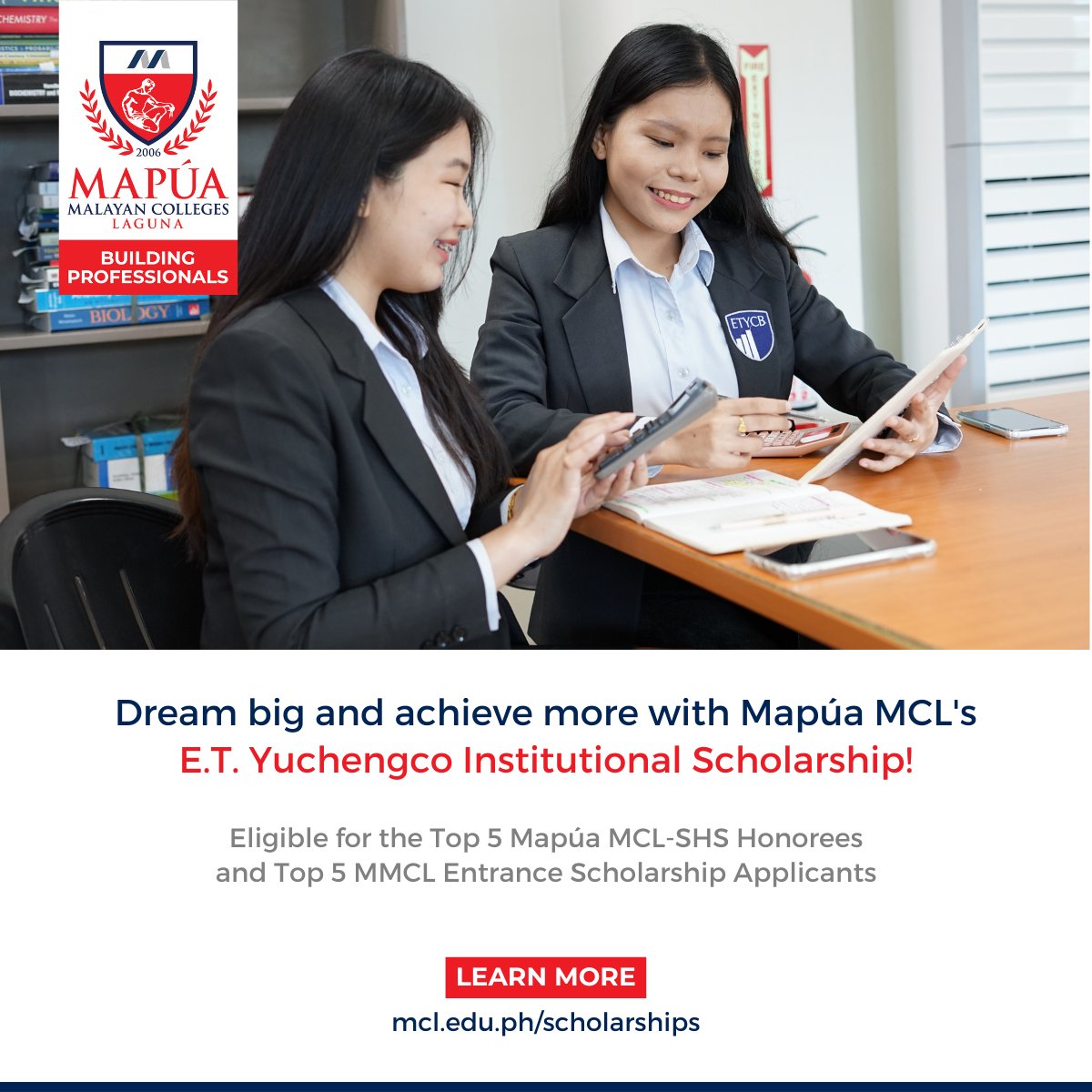 MapuaMCL's tweet photo. Calling all aspiring Mapúans!
#StudyAtMapuaMCL and achieve your dreams with ease with our E.T. Yunchengco Institutional Scholarship!
📌APPLY NOW: https://t.co/Ihyyqv8vVc
📌LEARN MORE: https://t.co/0JBD5hmdGX
#WeAreMapua
#BuildingProfessionals https://t.co/qQVXhQfrLC