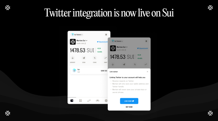 martian_wallet's tweet photo. 1/6 We are thrilled to announce the highly anticipated Twitter integration, now live on the @SuiNetwork with our latest version (1.4.6). 

Make sure to update your Martian wallet and take your social interactions to the next level! https://t.co/32ED0SOREt