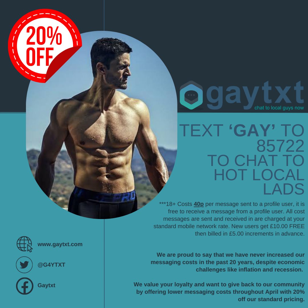 G4ytxt's tweet photo. 🌟 EXCLUSIVE APRIL OFFER 🌟
For 20 years, we've been proud to serve our community, and now we're giving back a special 20% offer just for you.
#AprilOffer #AdultFriendFinder #GayText #HotGuys #HotGays #Discrete #ChatNow #Sexy #LiveChat  #PicSwap #LocalGuys #Bi #Gay #LocalGays https://t.co/M2z3N6ZV8x