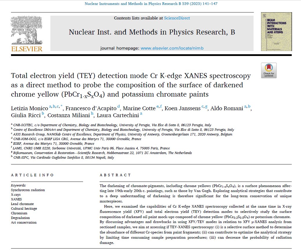 I am pleased to share our new article about the study of darkening of chrome yellows used by Van Gogh by a surface-sensitive approach exploiting XAS methods in total electron yield and fluorescence yield modes.
#synchrotron #xrays #ESRF #heritagescience 
authors.elsevier.com/a/1guhI,3rKYMf…