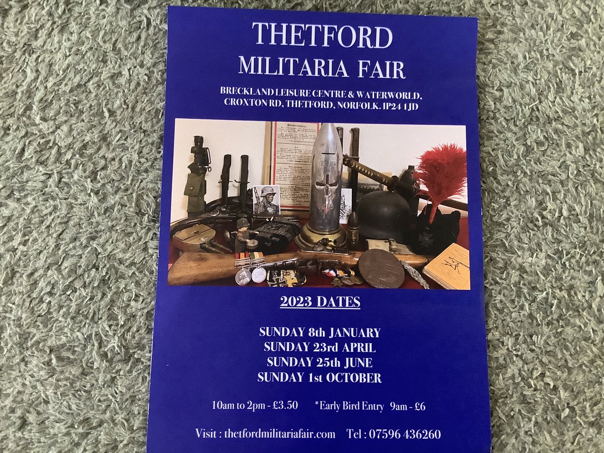 #Thetford #Miltaria Fair SUNDAY APRIL 23rd
Doors open 10-2 . Admission is £3.50 
“Early bird” entry at 9am is £6 
#ww1 #ww2