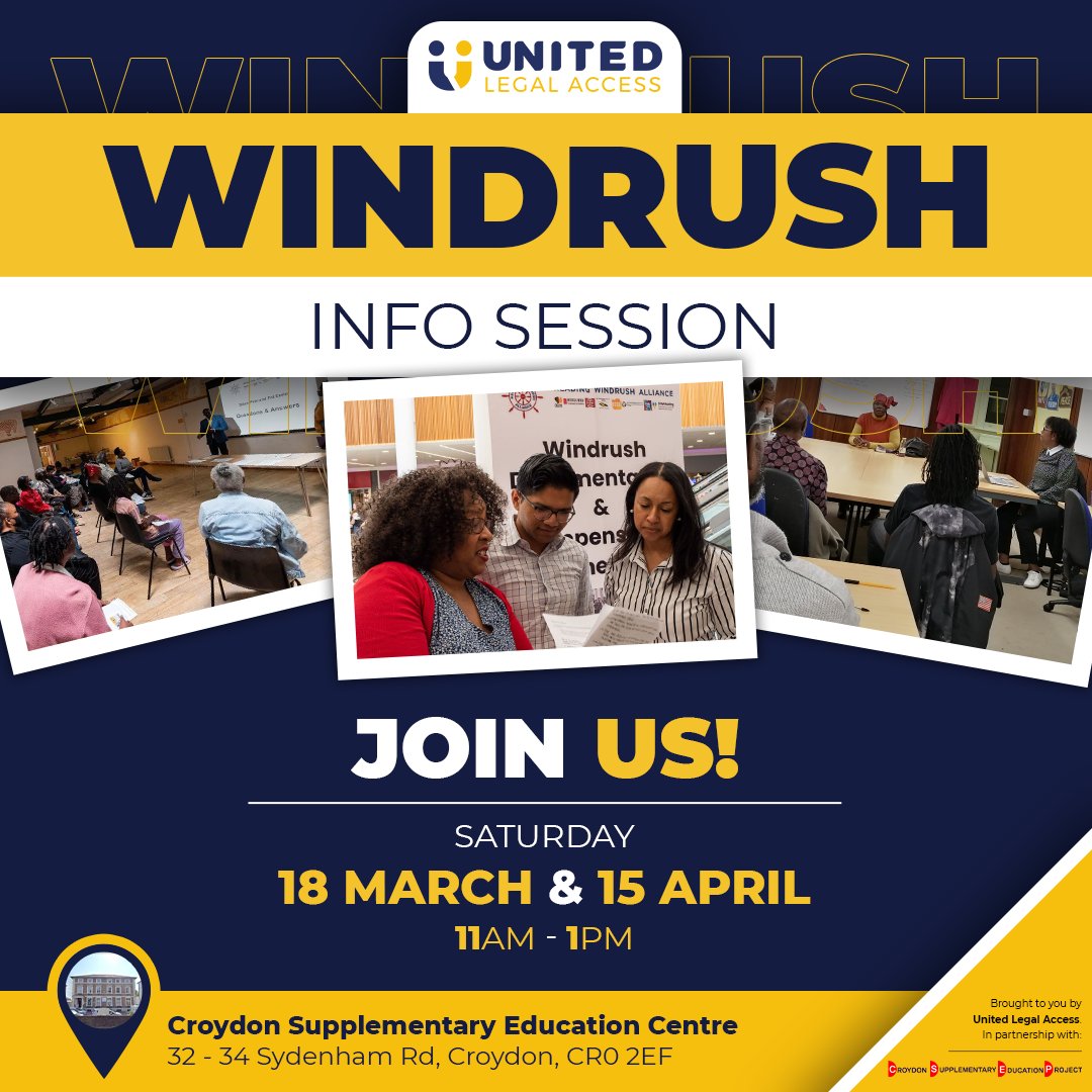 Join us this Saturday for our second #Windrush Info Session in #Croydon. We will be joined by the Home Office Windrush Engagement team who will be available to answer any questions or concerns you have about the Windrush status and compensation scheme. <a href="/AREtweets_/">Action for Race Equality</a>