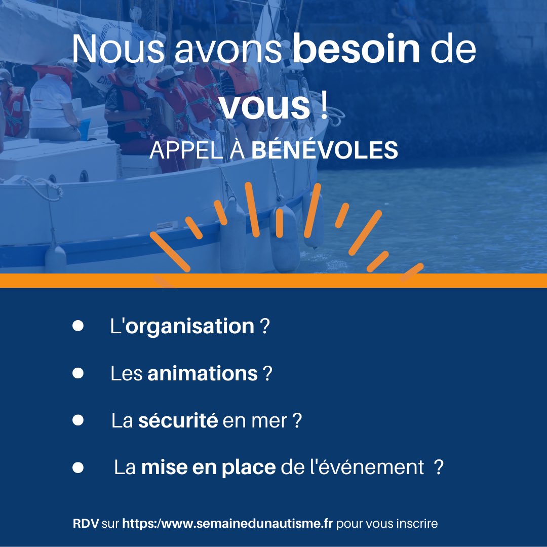 Nous avons besoin de vous ! 👫
  La Semaine du nautisme se déroulera du 7 au 11 juin 2023, avec de nouvelles activités qui nécessitent de bonnes volontés : nous avons besoin de vous dés le 5 juin 💪🏼

Vous souhaitez devenir bénévole ? 
RDV sur :   semainedunautisme.fr.