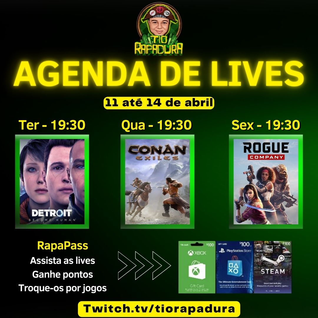 TioRapadura's tweet photo. ⭐Agenda semanal de lives⭐
Espero vcs para batermos um papo no canal https://t.co/BDpTzP2NWO
#PCGamer #xbox #PlayStation #Livestream #twitchstreamer #detroid #conan #RogueCompany https://t.co/5t5PipSx0t