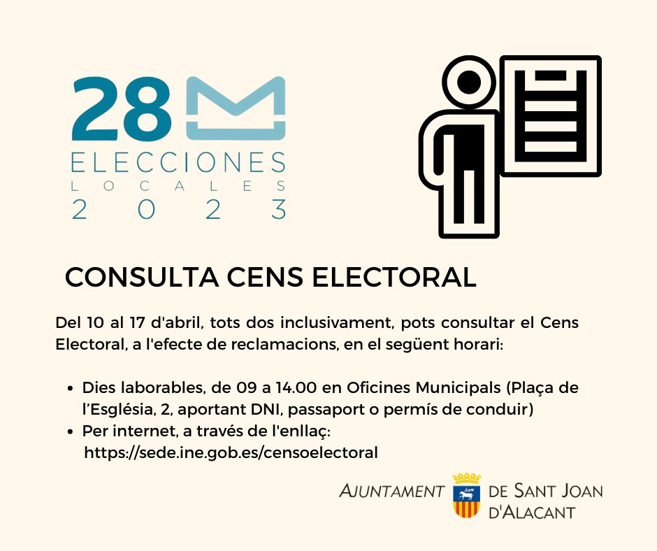 Del 10 al 17 d'abril es podrà consultar el Cens Electoral a l'efecte de reclamacions:
⏰Dies laborables, de 09 a 14.00 en Oficines Municipals 
💻Per internet sede.ine.gob.es/censoelectoral

#SantJoandAlacant #censelectoral #eleccionesmunicipales2023 #28mayo #28M