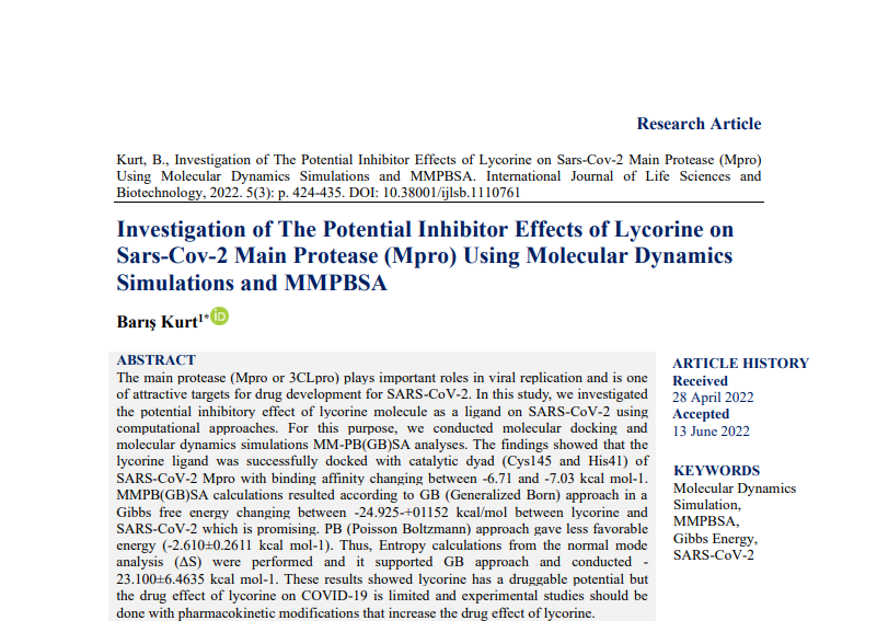 int_sci's tweet photo. Investigation of The Potential Inhibitor Effects of Lycorine on Sars-Cov-2 Main Protease (Mpro) Using Molecular Dynamics Simulations and MMPBSA

Author: Barış Kurt

#MMPBSA #GibbsEnergy #SARSCoV2 #Lycorine #inhibitoreffects #mainprotease #Mpro #3CLpro

https://t.co/TkCh4QRMZo https://t.co/ywT5872vZN