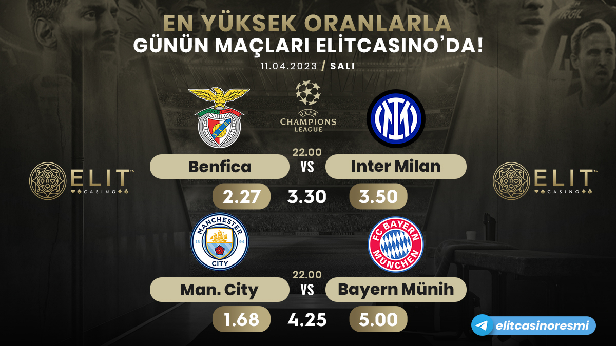 🏆Günün Şampiyonlar Ligi maçları en yüksek oranlarla sadece Elit Casino'da! 🔥🔥🔥

⚽️Benfica - Inter
⚽️Man. City - Bayern Munich
    
👉linkelit.net/elit-giris 

#FreeBet #freespin #denemebonusu #Bonus #bahissiteleri #bahis #hosgeldinbonusu #iddaatahminleri #casinobonus #ManCity