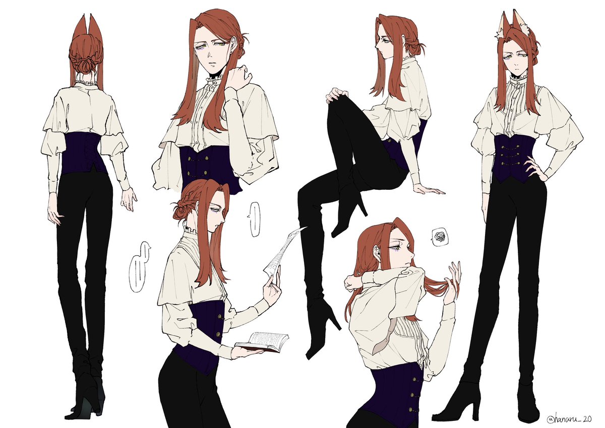 1girl multiple views high heels pants animal ears book quill  illustration images
