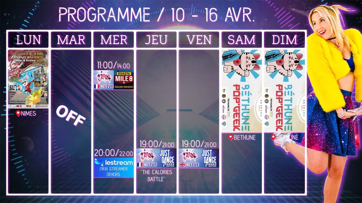 TheFairyDina's tweet photo. 3 jours d’event plus tard, la semaine commence et s’annonce chargée 💪🏻

- le retour de J’irai Streamer Dehors sur @lestreamFR 😍
- Bataille des Calories du mois 💦
- #BethunePopGeek ce we ⚡️ https://t.co/QIqGtBp1EV