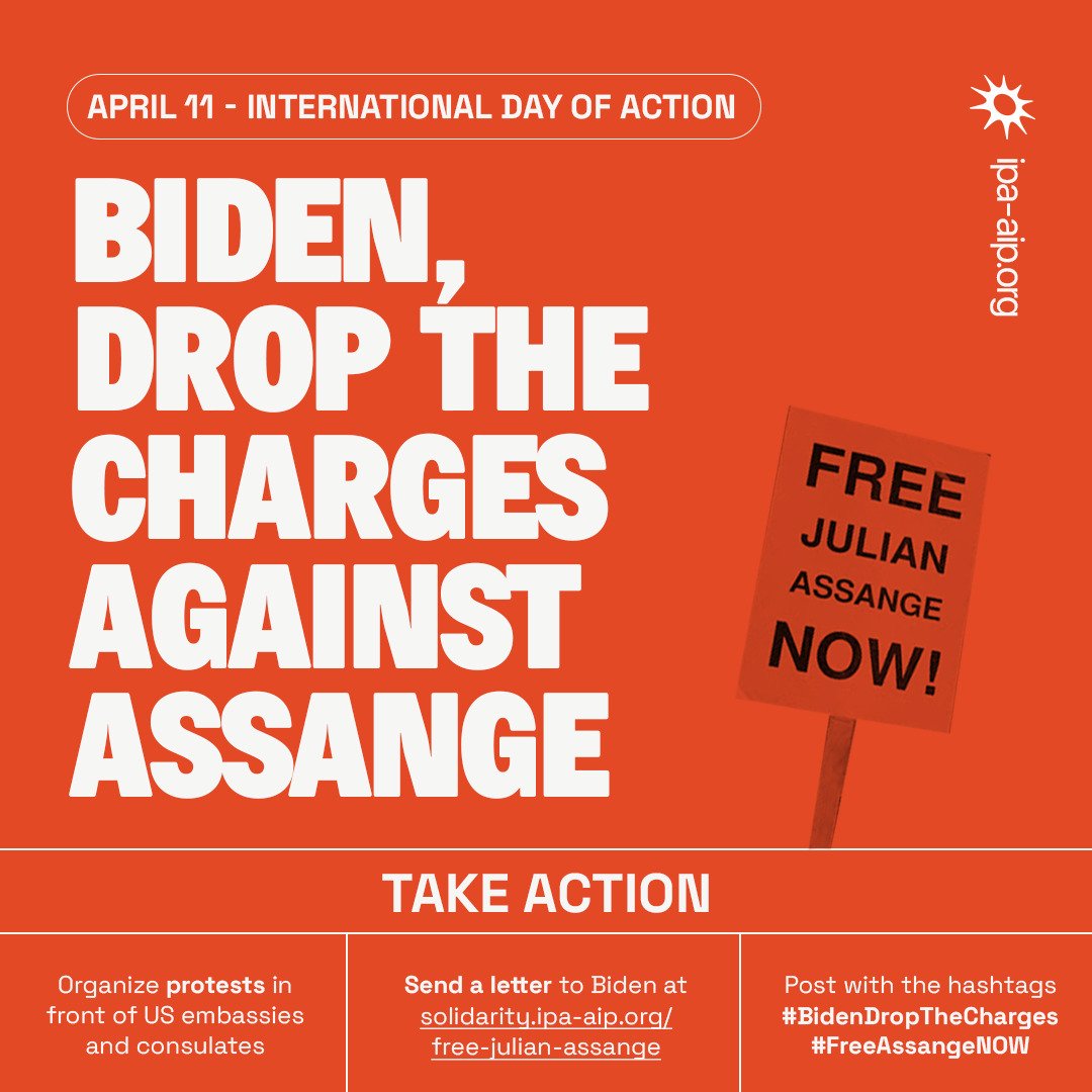 On April 11th, the @peoplesassembl_ is mobilizing to call on Biden to drop the charges against Assange. 

✉️ Send a letter to Biden via a newly launched Solidarity website, solidarity.ipa-aip.org/free-julian-as…

📷 Post with the hashtags #BidenDropTheCharges & #FreeAssangeNOW