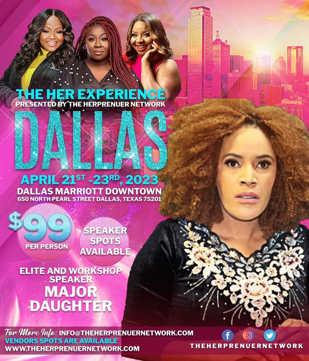 DALLAS ARE YOU READY…  Major Daughter will be speaking on the HER EXPERIENCE DALLAS and Collaborating with women of fire 🔥. It’s an honour to be sharing space with prolific leaders like Cora Jakes, Dr. George C. Fraser, Dr. Michael V. Roberts, 

#WNBADraft #NationalSiblingDay