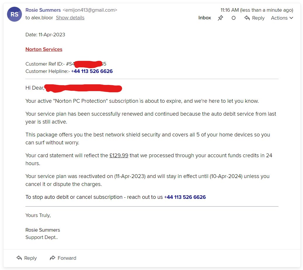 Bloor (Mastodon: @bloor@bloor.tw) (@alexbloor) on Twitter photo Hi, <a href="/Colt_Technology/">Colt Technology</a>
One of your numbers +44 113 526 6626 is being used by scammers pretending to be from Norton. I dialled this number, and it is indeed in use. Which means this is not a simple case of CLID spoofing. It actually routes.
Please check this + terminate them. Hi, <a href="/Colt_Technology/">Colt Technology</a>
One of your numbers +44 113 526 6626 is being used by scammers pretending to be from Norton. I dialled this number, and it is indeed in use. Which means this is not a simple case of CLID spoofing. It actually routes.
Please check this + terminate them.