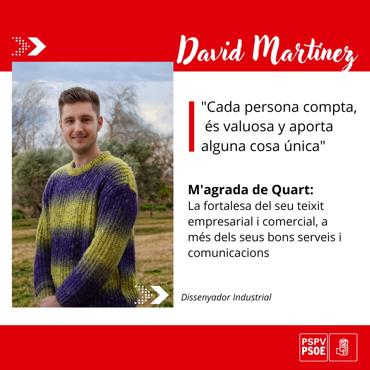Des del PSOE de #QuartdePoblet volem presentar-vos a les persones que s’incorporen a la candidatura a les eleccions municipals del #28m. Ací tenim a David Martínez Climent, un jove tan apassionat pel seu treball com per conèixer i entendre les persones que l’envolten.
