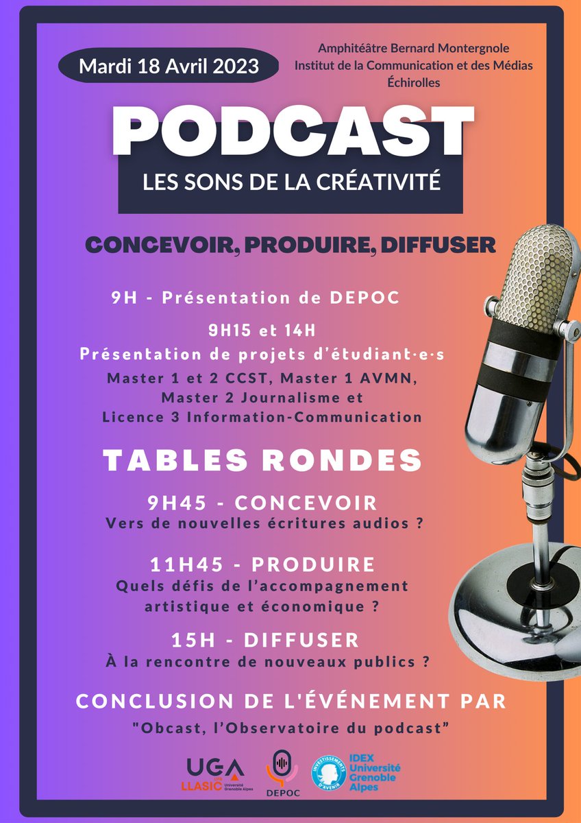 Anaelle_Gateau's tweet image. 🎙 #Podcasts : les sons de la créativité - Concevoir, Produire, Diffuser c’est mardi 18 avril à l’Institut de Communication et des Médias (ICM)
#SONSDELACRÉATIVITÉ #IDEXDEPOC 📻
@CcstMaster @ClicEtClap @EJDGrenoble @UGrenobleAlpes @GrenobleINP

Le programme complet⤵️