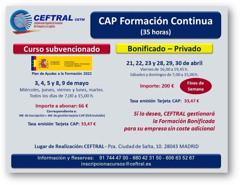 CetmTransporte's tweet photo. Renueva el #CAP con CEFTRAL, la Confederación de la #CETM dedicada a la formación en el #transporte.
Además, si lo deseas, gestionarán la #formaciónbonificada SIN COSTE ADICIONAL. 👏👏 ¡Reserva plaza llamando o enviando un correo! ¡Te esperamos!
#cursoCAP #conductores #CEFTRAL https://t.co/XVX1Un8Ul1