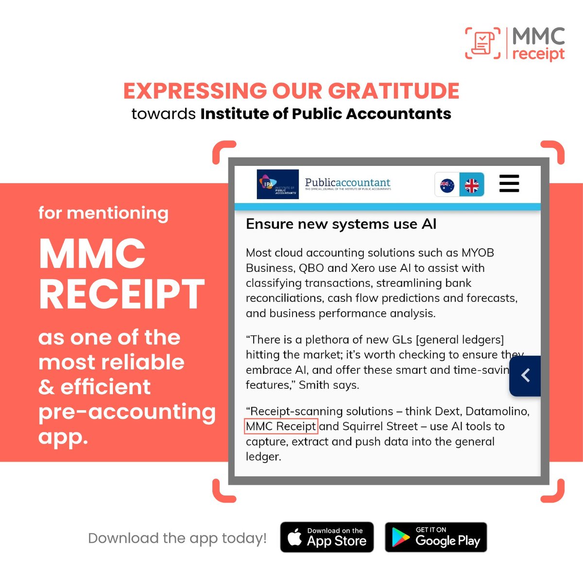 Celebrating MMC Receipt's recognition as a high-performance pre-accounting solution by the Institute of Public Accountants.

We sincerely thank them for endorsing our consistency &amp; trustworthy performance.

#MMCReceipt #Application #receiptmanagement