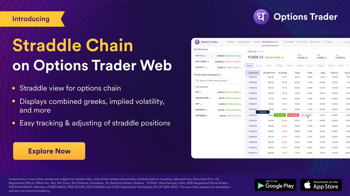 Introducing industry-first feature for traders: Straddle Chain on Options Trader  Web (https://t.co/egfiWpQVpB) 🔥 ✓Adjust your Straddle positions with just  one click ✓Identify suitable options contracts for your straddle strategy  easily