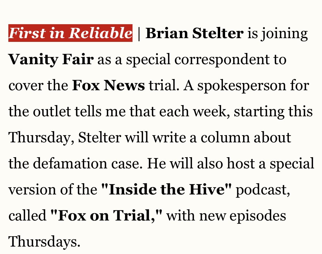 mlcalderone's tweet photo. Couldn’t be happier to have @brianstelter aboard to cover the Fox-Dominion trial, alongside @VanityFair’s stellar stable of media and politics reporters https://t.co/xMDJJdPmmt