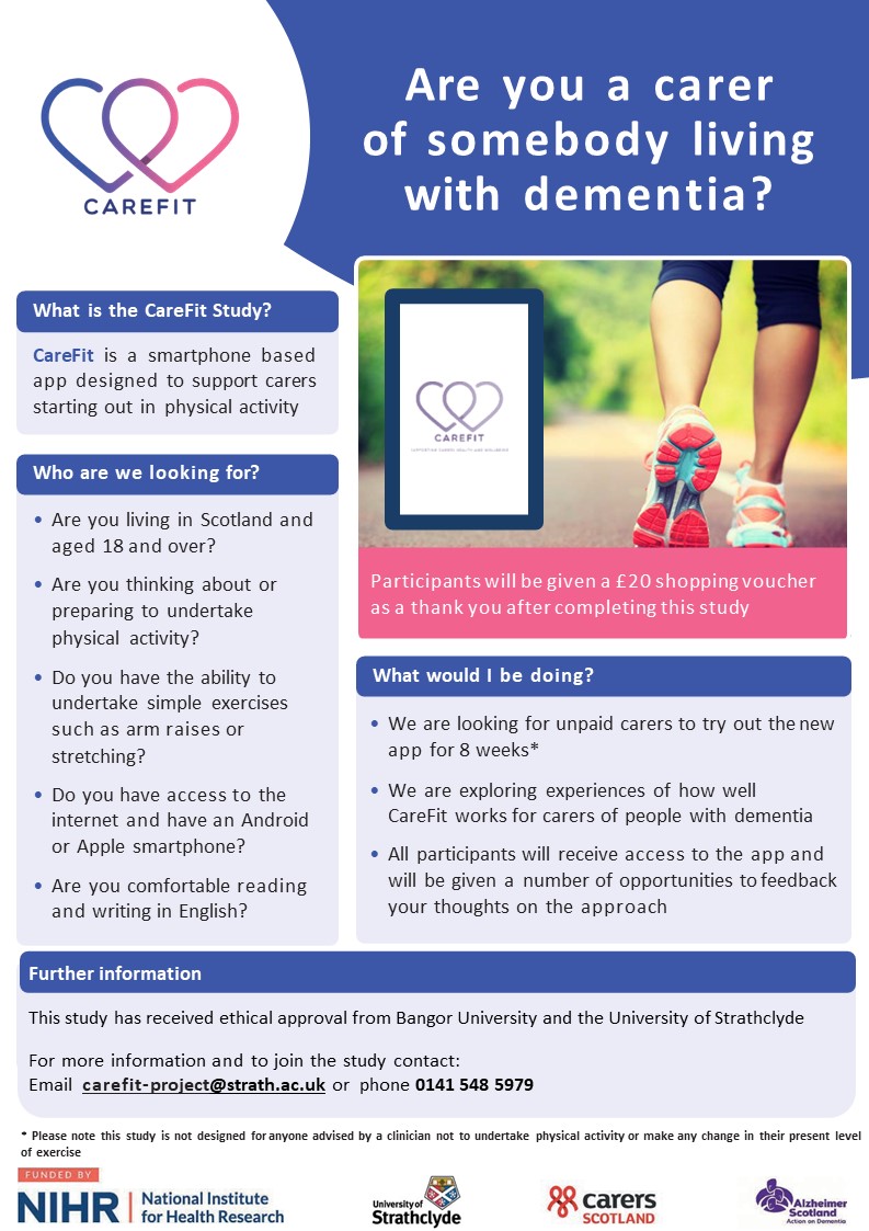 carefitstudy strathclyde (@carefit_study) on Twitter photo Are you a carer of someone with dementia? Are you looking to be more active? Join our study to test out CareFit, a physical activity app designed to help you stay active. Check out the details in the attached flyer and email us at: carefit-project@strath.ac.uk Are you a carer of someone with dementia? Are you looking to be more active? Join our study to test out CareFit, a physical activity app designed to help you stay active. Check out the details in the attached flyer and email us at: carefit-project@strath.ac.uk