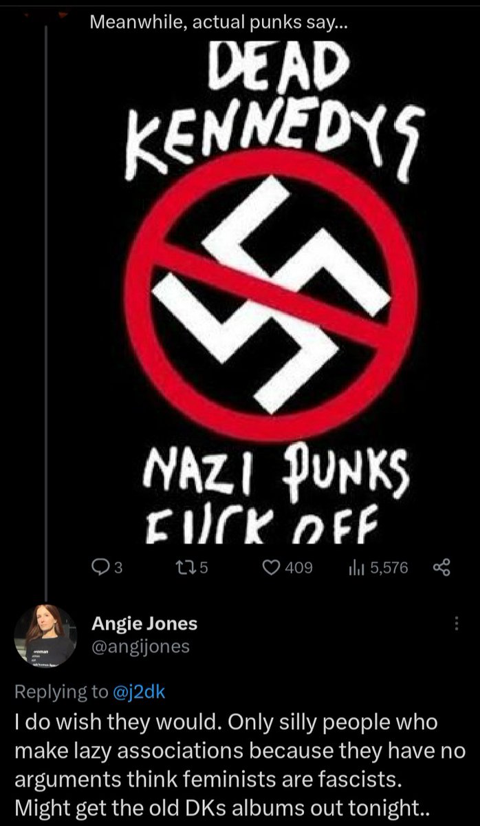 LilahRPGtt's tweet photo. I am HOWLING.

Angie "Terf is the new Punk, I might get the old DK albums out tonight" Jones

Doesn't know who Jello Biafra is 🤣

You can't make this self own any worse Angie. https://t.co/FLjRTs4mht