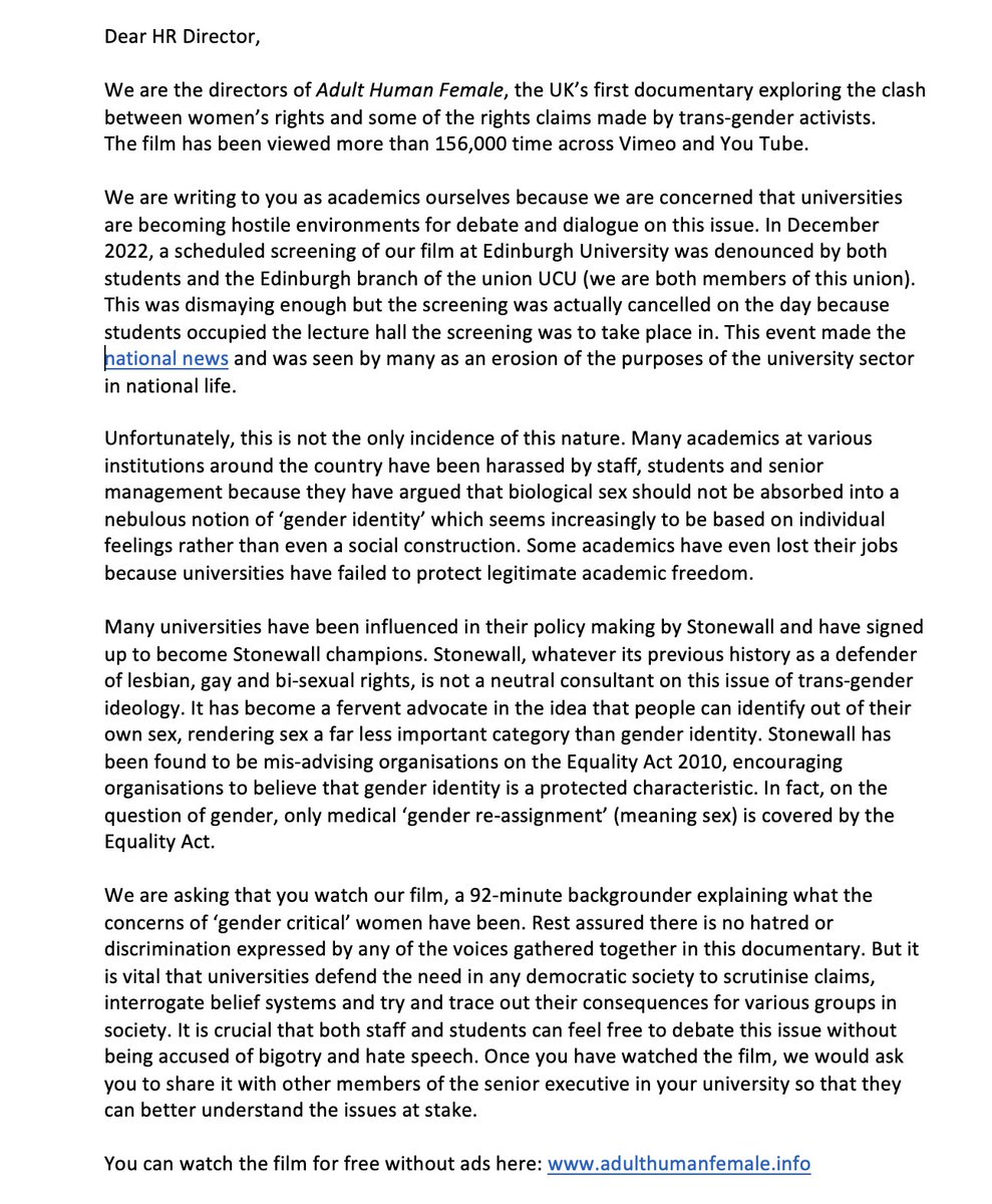AHFdoco's tweet photo. We have written to the HR directors at 60 universities asking them to watch our film. We need to roll back the capture of our institutions by gender identity ideologues. Universities are as important to win back as the media, politics, healthcare, etc. https://t.co/epVkVfWF13