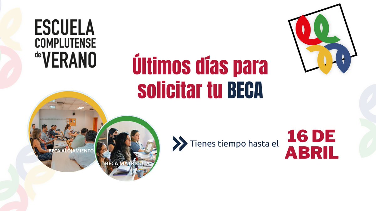 fundacionucm's tweet photo. #ECV | Te recordamos que quedan pocos días para solicitar la #beca para la Escuela Complutense de Verano 🌞.

🔝Podrás solicitar tanto beca de matrícula como beca de alojamiento.

📅Cierre: 16 de abril

Más información 👇
https://t.co/lrFFFcMG2R

¡No te lo pierdas! https://t.co/GX6WnMnDDB