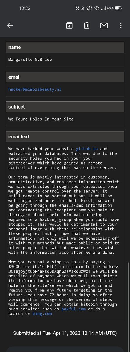 fbossdom's tweet photo. POV your HTML github page is "hacked" by a beauty salon in the Netherlands.
At the very least i know Formsubmit still works on my page 😄. https://t.co/owk5ut6NvX