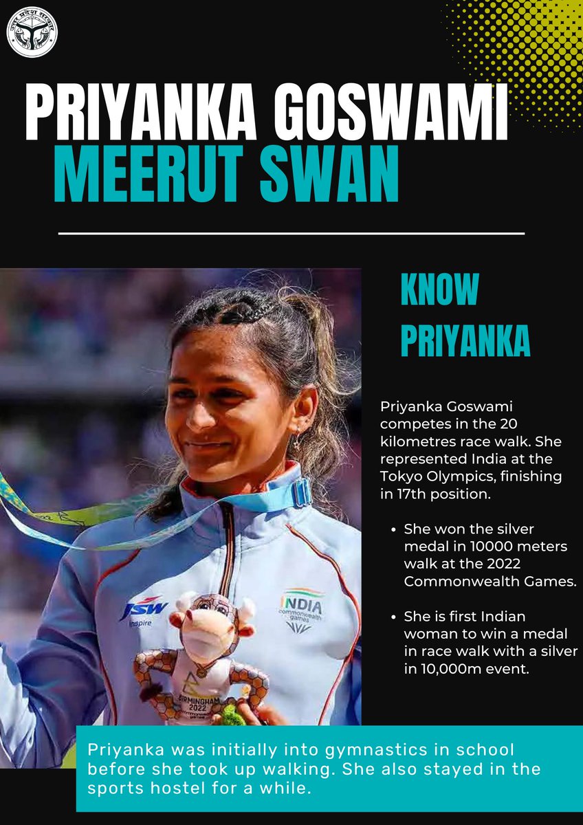 Know your UP athletes

Priyanka Goswami @Priyanka_Goswam -   A fierce athlete, she was born in Muzaffarnagar and accidentally took to walking. She was into Gymnastics first. She has overcome many hurdles to represent India at the Olympics. 

@navneetsehgal3 @olympicchannel