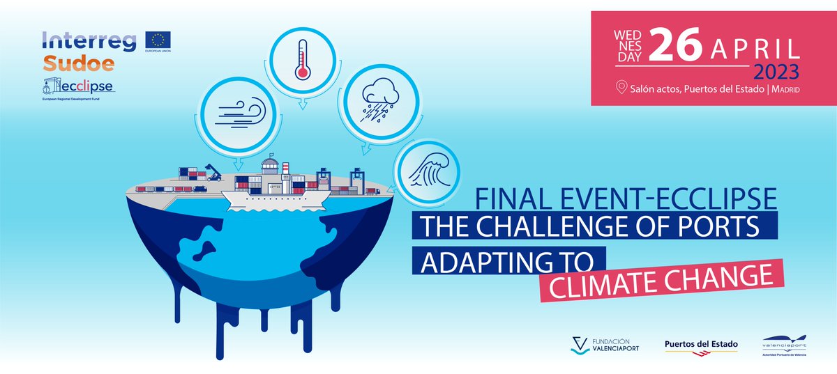 PuertosEstado's tweet photo. 📢 El próximo 26 de abril celebramos en Madrid el Evento Final del proyecto #Ecclipse, sobre la evaluación del cambio climático en puertos del sudoeste de Europa.
Regístrate aquí 👉 https://t.co/YEFLhhpyir
@EcclipseP @Sudoe5 https://t.co/OU4MKMA4IU