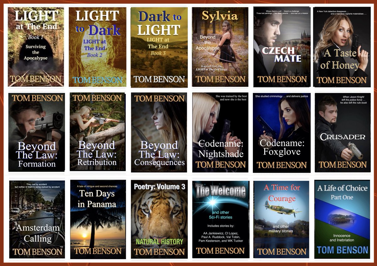 Novels, short story anthologies and poetry collections.
I publish in various genres, and the graphic shows a sample.
All of my titles are available FREE on Kindle Unlimited.
Amz UK: amzn.to/2CXjflq
Amz Com: amzn.to/3Fhpzae
Author website: tombensonauthor.com