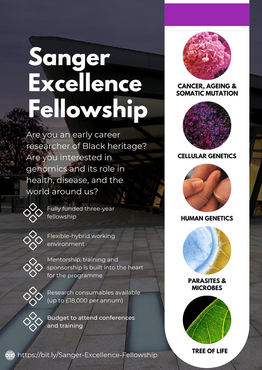 We are thrilled to see some amazing applications to our Sanger Excellence Fellowship. There's still time to apply ⬇

If you are interested or know someone who is, please share: lnkd.in/eh4cwvUc

#fellowship #Blackinstem #postdocposition