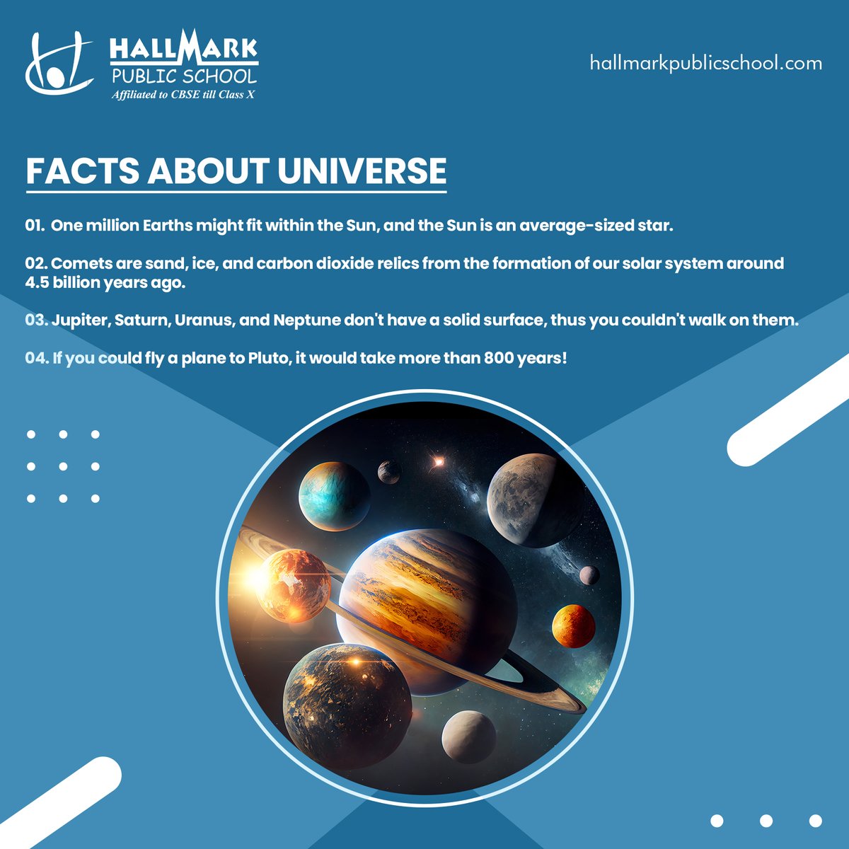 SchoolHallmark's tweet photo. Explore the wonders of the universe 🌏 with us! Here are some fascinating facts and knowledge about our cosmos to discover and learn.
#UniverseEducation #CosmicExploration #SchoolFacts #HallmarkPublicSchool #InnovationDestination #Innovation #CBSESchoolInPanchkula #Education https://t.co/ljo6Y5f0XL