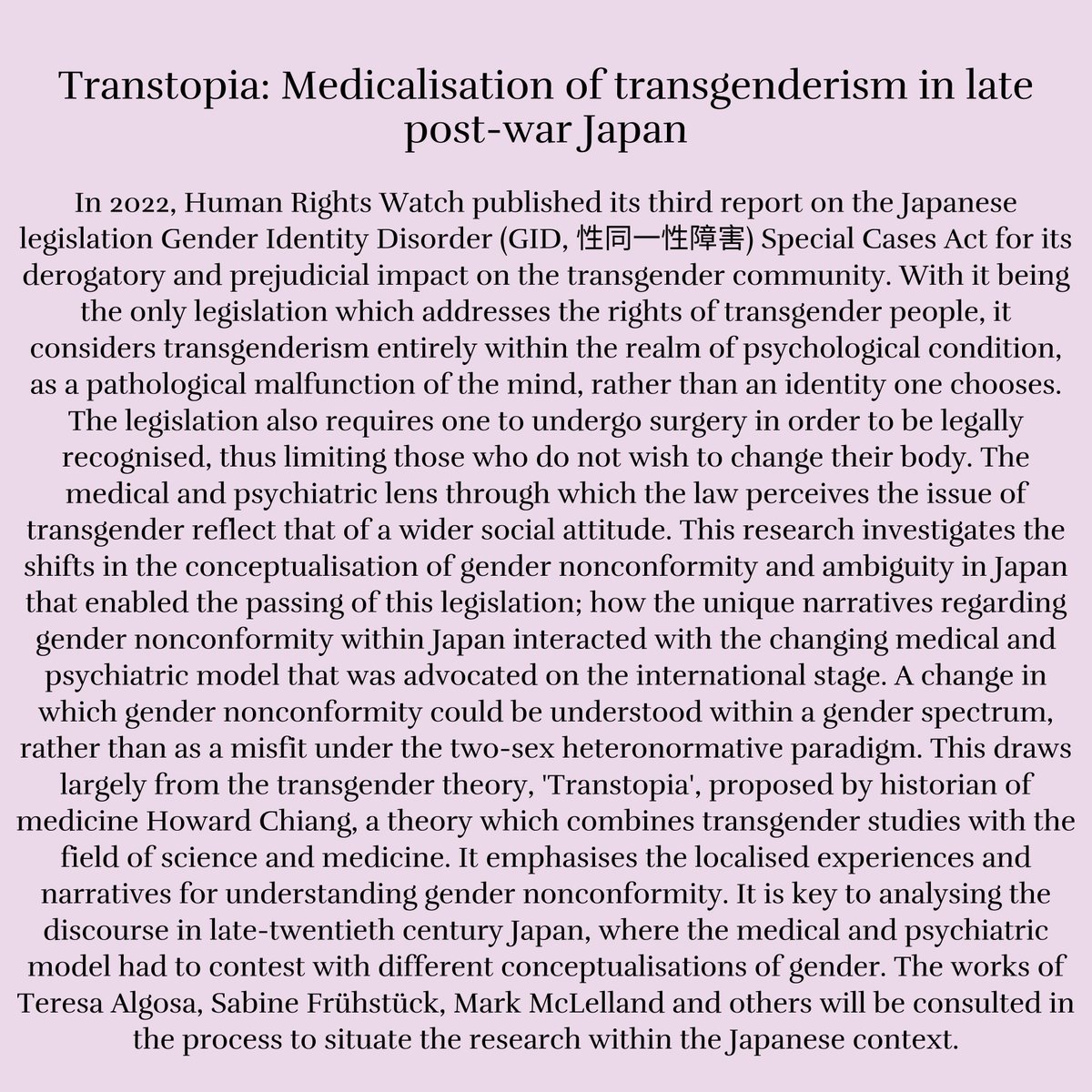 cqsconference's tweet image. Speaker Announcement !!

Fu Ge Yang (She/Her) @FuGeYang 

Presenting 'Transtopia: Medicalisation of transgenderism in late post-war Japan'